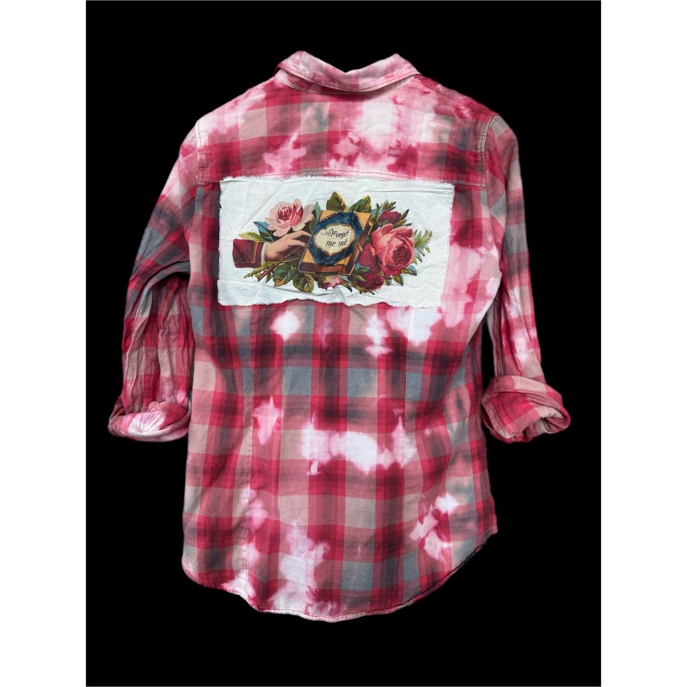 Upcycled‎ J.Crew Pink Red Plaid Shirt Small Vintage Image "Forget Me Not" Back
